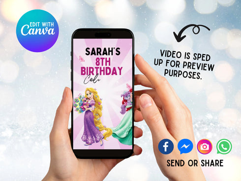 Princess Birthday Video Invitation Canva Template, Editable Princess Party Digital Evite for Kids, Animated Birthday Invite