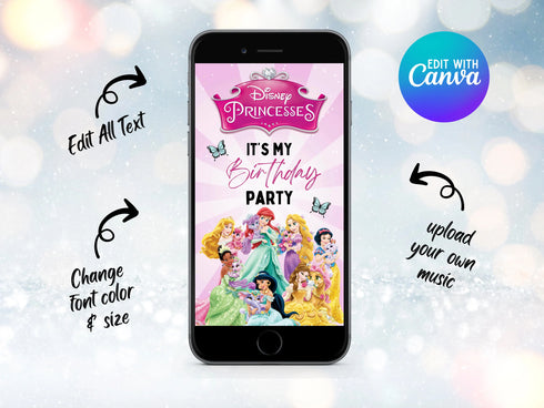 Princess Birthday Video Invitation Canva Template, Editable Princess Party Digital Evite for Kids, Animated Birthday Invite