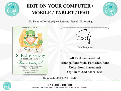 St. Patrick's Day Birthday Invitation, Editable Saint Patricks Day Invite, St Patricks Day Invitation, Editable St Patrick's Day Birthday