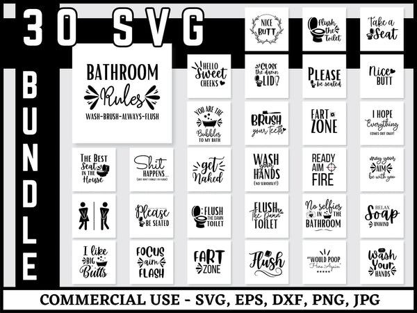 Bathroom SVG Bundle | Bathroom Rules SVG PNG DXF EPS | Funny Bathroom Signs Cut Files for Cricut | Washroom Quote Vector Design
