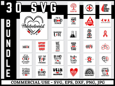 Blood Donation SVG Bundle | Blood Donor PNG DXF EPS | Phlebotomy Shirt Design Cut Files for Cricut | Awareness Medical Vector
