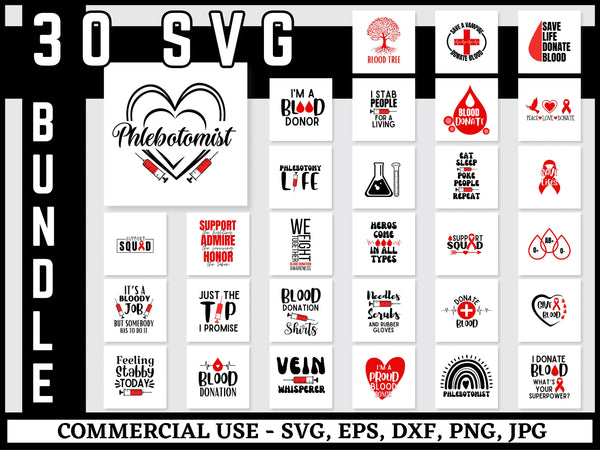 Blood Donation SVG Bundle | Blood Donor PNG DXF EPS | Phlebotomy Shirt Design Cut Files for Cricut | Awareness Medical Vector