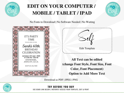 Diamond Invitation, Women Birthday Invitation, Birthday Party Invitation, Glamour Invitation, Editable Any Age Invitation, Diamond Frame