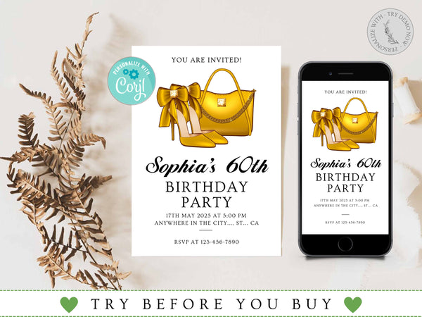 Adult Birthday Party Invitation, Golden Heel and Bag Birthday Invite, Special Occasion Videos, Birthday Party, Birthday Invite for Women