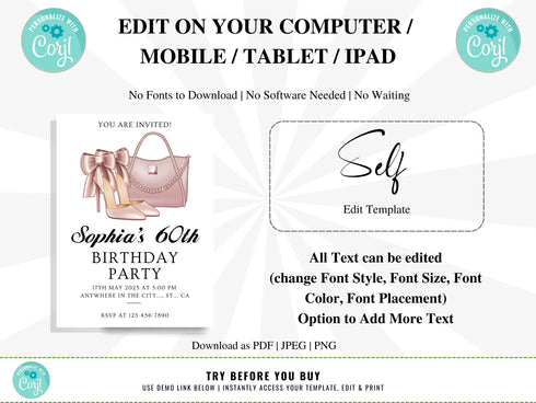 Adult Birthday Party Invitation, Women Birthday Invitation for Her, Instant Download, Any Age Editable Template,, Birthday Invite for Women