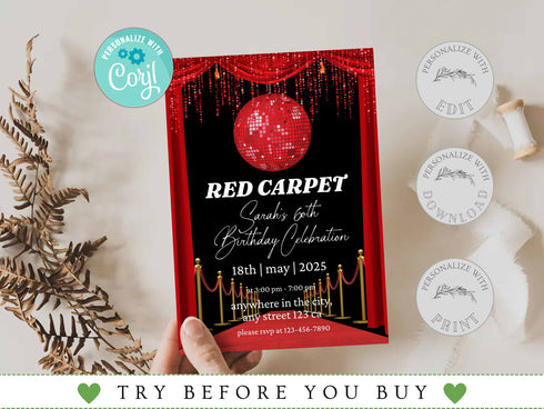Editable Red Carpet Birthday Invitation, Hollywood Movie Party Invite Glam Birthday Digital Invite Vip Movie Star Party, Red Carpet Invite