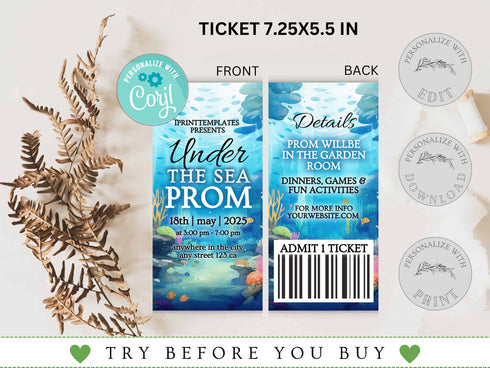 Under the Sea Invitation and Ticket Set, Editable, Flyer, Save the Date, Prom, School Dance, Birthday, Sweet 16, Quinceañera, Wedding
