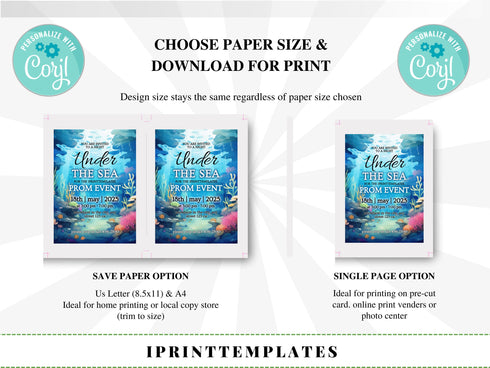 Under the Sea Invitation and Ticket Set, Editable, Flyer, Save the Date, Prom, School Dance, Birthday, Sweet 16, Quinceañera, Wedding
