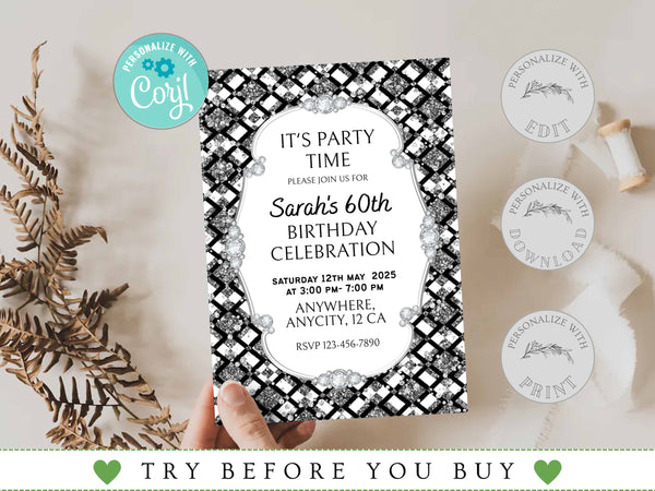 Adult Birthday Party Invitation, Diamond Birthday Party Invitation, Glamour Invitation, Editable Any Age Invitation, Diamond Frame