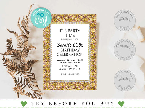 Diamond Invitation, Women Birthday Invitation, Birthday Party Invitation, Glamour Invitation, Editable Any Age Invitation, Diamond Frame