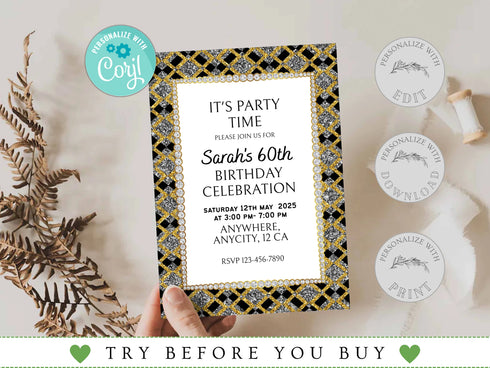 Diamond Invitation, Women Birthday Invitation, Birthday Party Invitation, Glamour Invitation, Editable Any Age Invitation, Diamond Frame