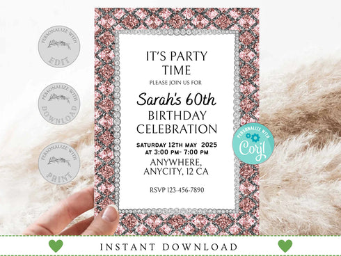 Diamond Invitation, Women Birthday Invitation, Birthday Party Invitation, Glamour Invitation, Editable Any Age Invitation, Diamond Frame