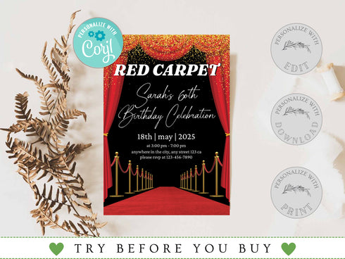 Red Carpet Birthday Invitation, Red Carpet Event Invitation, Red Carpet Party Printable, Red Carpet Theme, Red Carpet Invitation Template