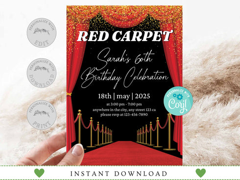 Red Carpet Birthday Invitation, Red Carpet Event Invitation, Red Carpet Party Printable, Red Carpet Theme, Red Carpet Invitation Template