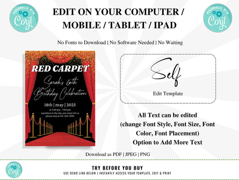 Red Carpet Birthday Invitation, Red Carpet Event Invitation, Red Carpet Party Printable, Red Carpet Theme, Red Carpet Invitation Template