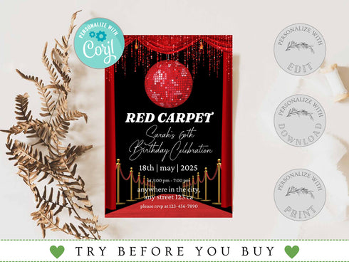 Editable Red Carpet Birthday Invitation, Hollywood Movie Party Invite Glam Birthday Digital Invite Vip Movie Star Party, Red Carpet Invite