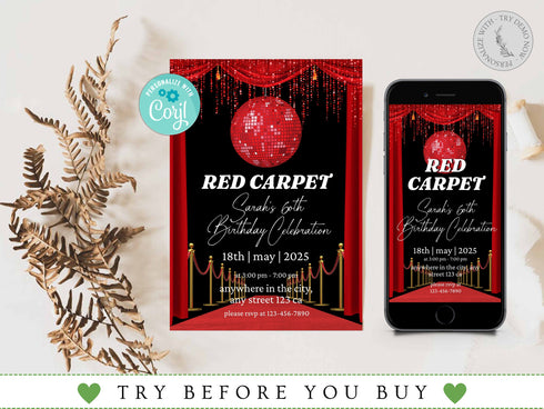 Editable Red Carpet Birthday Invitation, Hollywood Movie Party Invite Glam Birthday Digital Invite Vip Movie Star Party, Red Carpet Invite