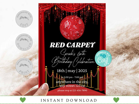Editable Red Carpet Birthday Invitation, Hollywood Movie Party Invite Glam Birthday Digital Invite Vip Movie Star Party, Red Carpet Invite
