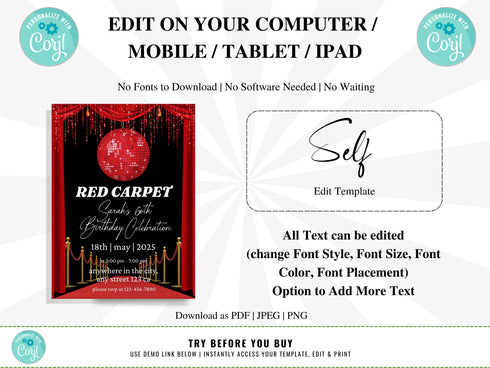 Editable Red Carpet Birthday Invitation, Hollywood Movie Party Invite Glam Birthday Digital Invite Vip Movie Star Party, Red Carpet Invite