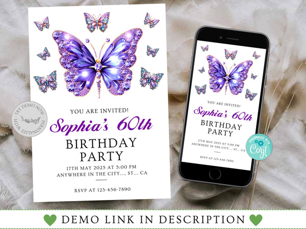 Adult Birthday Invitation, Any Age Adults Birthday Party Invites, Butterfly Birthday Invitation, Butterfly Theme Birthday Party, Corjl