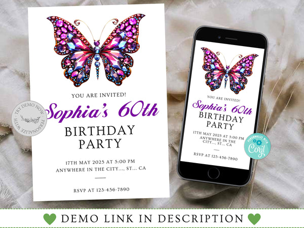 Adult Birthday Party Invitation, Butterfly Birthday Invitation, Butterfly Theme Birthday Party, Any Age Adults Birthday Party Invites