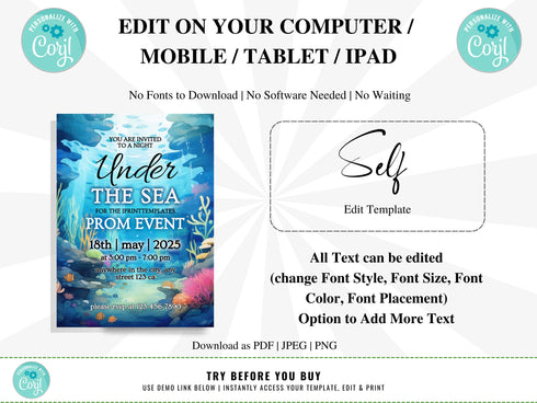 Under the Sea Invitation and Ticket Set, Editable, Flyer, Save the Date, Prom, School Dance, Birthday, Sweet 16, Quinceañera, Wedding