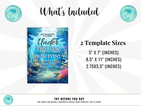 Under the Sea Invitation and Ticket Set, Editable, Flyer, Save the Date, Prom, School Dance, Birthday, Sweet 16, Quinceañera, Wedding