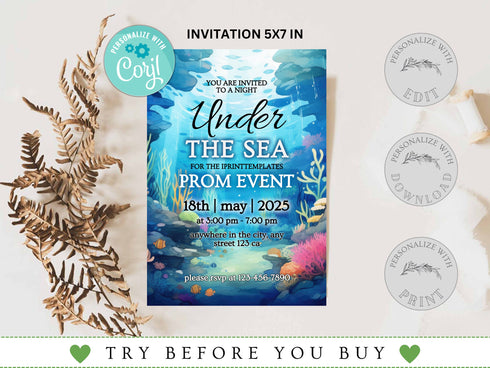 Under the Sea Invitation and Ticket Set, Editable, Flyer, Save the Date, Prom, School Dance, Birthday, Sweet 16, Quinceañera, Wedding