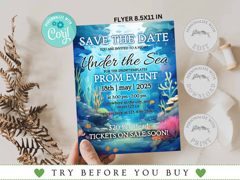 Under the Sea Invitation and Ticket Set, Editable, Flyer, Save the Date, Prom, School Dance, Birthday, Sweet 16, Quinceañera, Wedding