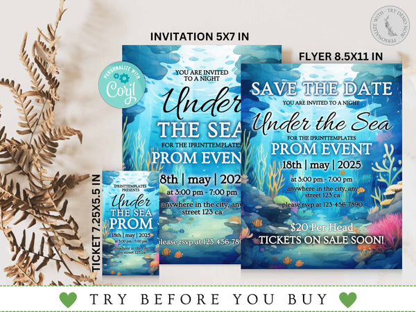 Under the Sea Invitation and Ticket Set, Editable, Flyer, Save the Date, Prom, School Dance, Birthday, Sweet 16, Quinceañera, Wedding