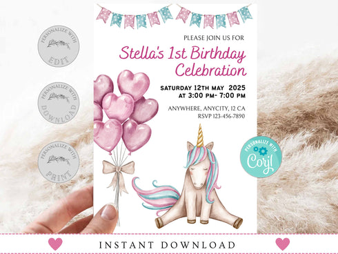 Unicorn Party Invitation, Girls Unicorn Invitation, Rainbow Unicorn Party Invitation, Magical Birthday Party Invitation, Unicorn Invite