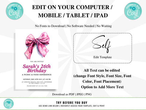 Pink Bow Birthday Invitation, Girl Coquette Invite, Editable Party Invite, Digital Invitation Template, Printable Invite, Instant Download