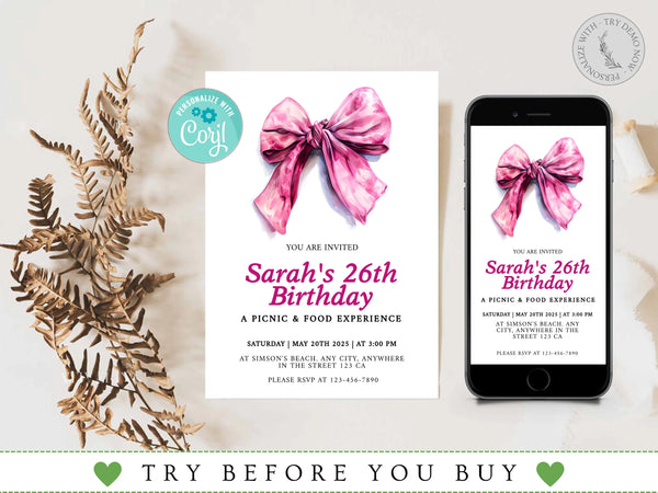 Pink Bow Birthday Invitation, Girl Coquette Invite, Editable Party Invite, Digital Invitation Template, Printable Invite, Instant Download
