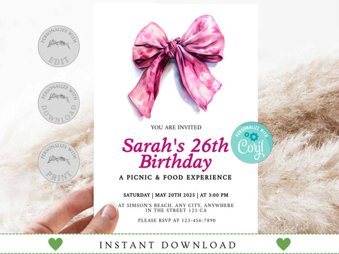 Pink Bow Birthday Invitation, Girl Coquette Invite, Editable Party Invite, Digital Invitation Template, Printable Invite, Instant Download