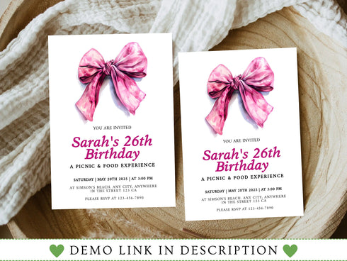 Pink Bow Birthday Invitation, Girl Coquette Invite, Editable Party Invite, Digital Invitation Template, Printable Invite, Instant Download