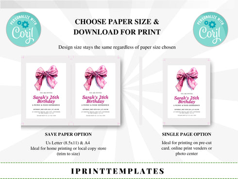 Pink Bow Birthday Invitation, Girl Coquette Invite, Editable Party Invite, Digital Invitation Template, Printable Invite, Instant Download