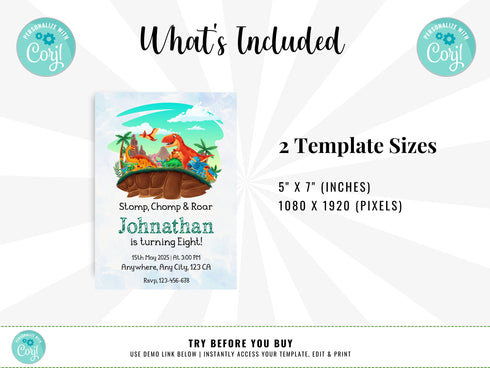 Dinosaur Birthday Invitation, Dinosaur Party Invite, Dinosaur Birthday Invite Boys, Cute Dinosaur Invite Digital, Editable Instant Download