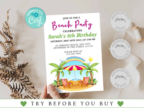 Editable Beach Birthday Invitation, Beach Invite, Beach Party Invitation, Summer Beach Party, Instant Download, Editable Template, Corjl