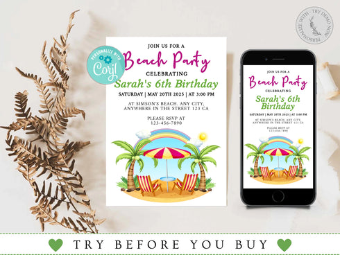 Editable Beach Birthday Invitation, Beach Invite, Beach Party Invitation, Summer Beach Party, Instant Download, Editable Template, Corjl