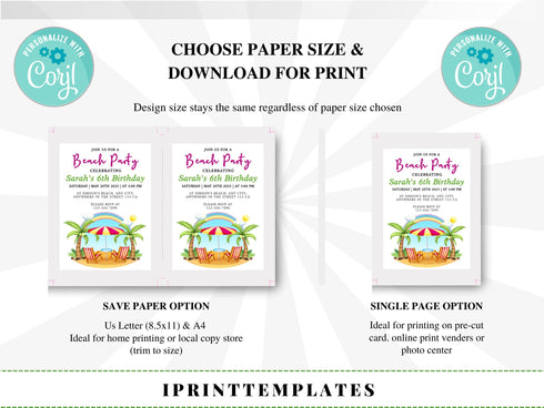 Editable Beach Birthday Invitation, Beach Invite, Beach Party Invitation, Summer Beach Party, Instant Download, Editable Template, Corjl