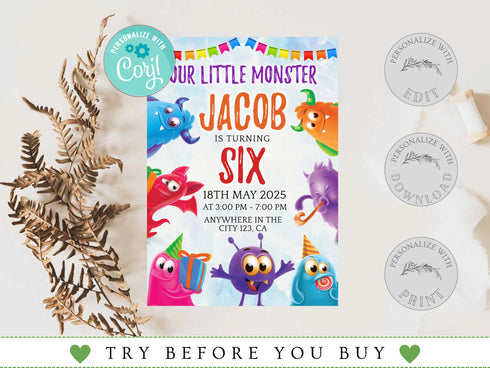 Editable Monster Birthday Invitation, Monster Birthday Party Invite, Monster Invitation, Little Monster Invitation, Printable Template