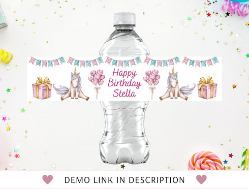 Unicorn Water Bottle Label, Editable Unicorn Water Bottle Label, Rainbow Birthday Party, Kids Unicorn Party Decor, Rainbow Party
