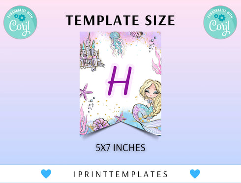 Mermaid Banner, Mermaid Birthday Banner, Mermaid Party Decoration, Mermaid Tail, Under the Sea Birthday, Customizable Template
