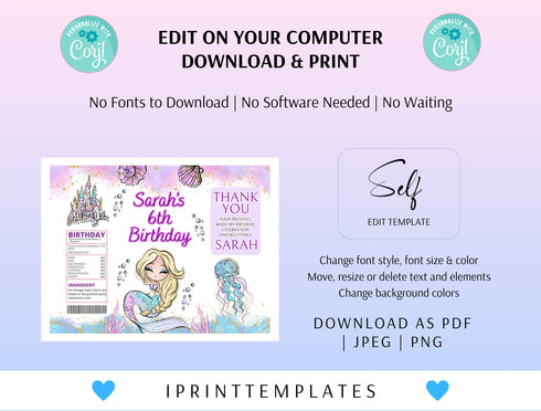 Mermaid Chip Bag Wrapper, Mermaid Birthday Decorations, Mermaid Tail Chip Bag Wrapper, Under the Sea Chip Bag Labels
