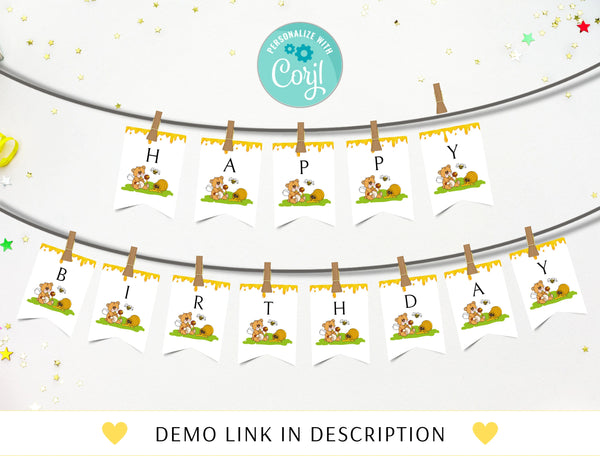 Bee Day Birthday Banner, Happy Birthday Party Decor Template, Girls Honey Bee Bday Bunting Flag, Printable Banner, Instant Download