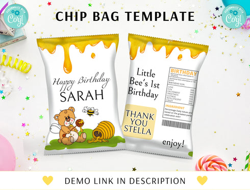 Bee Chip Bag Wrapper, Bumble Bee Birthday Decorations, Bee Theme Party Printable Labels, Bee Chip Bag Labels , Honey Bee Party