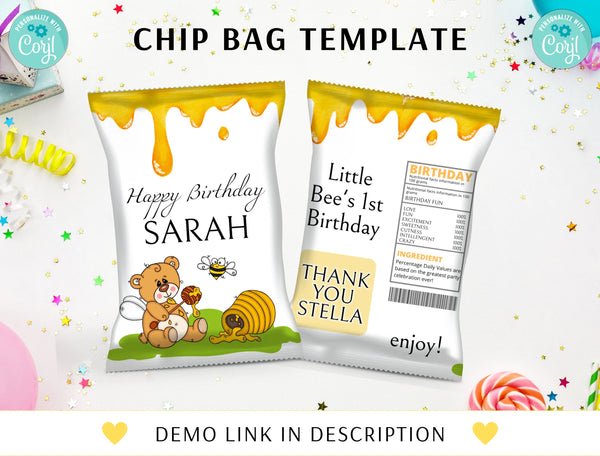 Bee Chip Bag Wrapper, Bumble Bee Birthday Decorations, Bee Theme Party Printable Labels, Bee Chip Bag Labels , Honey Bee Party