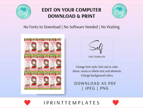 Strawberry Thank You Gift Tag Template, Berry First Birthday Favor Tags, Strawberry Favors, Printable Gift Tag, Girls First Birthday