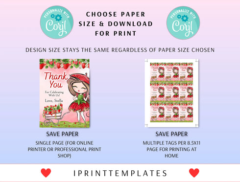 Strawberry Thank You Gift Tag Template, Berry First Birthday Favor Tags, Strawberry Favors, Printable Gift Tag, Girls First Birthday