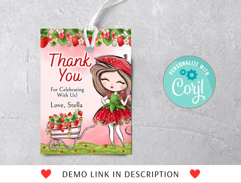 Strawberry Thank You Gift Tag Template, Berry First Birthday Favor Tags, Strawberry Favors, Printable Gift Tag, Girls First Birthday